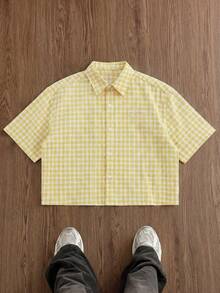 SWAVVY Men's Casual Plaid Short Sleeve Shirt, Summer - Yellow - View 1