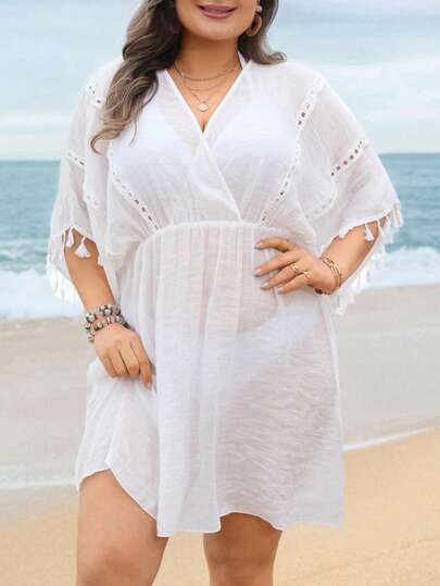 Swim Lushoire Vestido de playa con diseño de flecos para mujer de talla grande, encaje calado