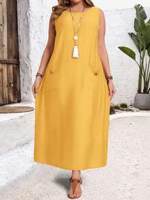 EMERY ROSE Plus Size Casual Solid Color Sleeveless Dress - Mustard Yellow - View 3