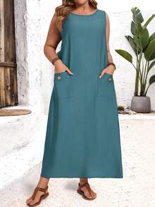 EMERY ROSE Plus Size Women's Solid Color Round Neck Pocket Design Casual Sleeveless Dress - Blue Day - View 6
