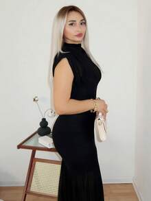 salliqueen 黑色披肩式优雅薄纱褶皱连衣裙，适合浪漫约会、派对、正式聚会、伴娘礼服、女士夏季连衣裙、下午茶会连衣裙、新年、情人节、生日迷你连衣裙、黑色连衣裙 - 黑色 - 查看 2