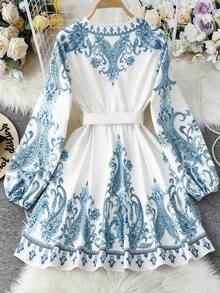 Franclia 女士中长款印花纽扣伞裙，A字浪漫连衣裙，适合约会、度假、海滩、夏季、春季、正式场合 - 彩色 - 查看 2