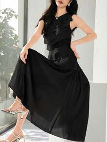 Heiryn Women's Sleeveless Ruffle Tiered A Line Long Dress Elegant Classy Pleated Maxi Dress In Black For Evening Party Dinner Summer - Black - View 8