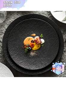 Bộ đồ ăn kiểu Nhật màu đen trắng vân đá cẩm thạch, đĩa phẳng nhẹ và sang trọng, đĩa bít tết cao cấp kiểu phương Tây, thích hợp sử dụng trong gia đình. - Đen và trắng - Xem 3