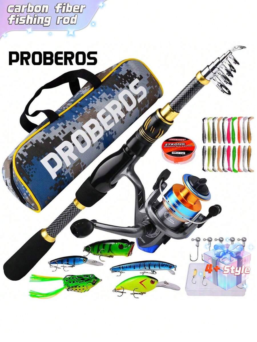 Proberos 钓竿套装包含 4.9 英尺至 7.9 英尺的碳纤维钓竿,以及钓线、鱼饵、鱼钩、渔线轮和收纳袋,适合成人淡水/海水垂钓之旅。 - 彩色 - 查看 1
