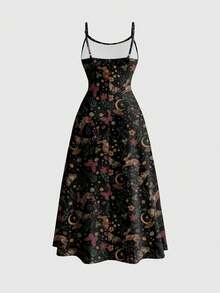 ROMWE Fairycore Plus Size Hippie Rabbit Cute Beach Sun Moon Star Plant Sexy Slip Dress, Suitable For Spring/Summer Vacation - Black - View 2