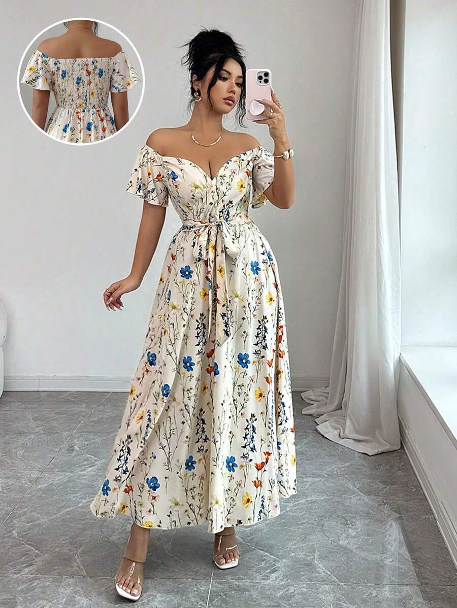 SHEIN Elenzya Damen Kleid in Standardgröße, Off-Shoulder, gerafftem rückenfreiem Design mit kleinem Blumenmuster, elegantes Midi-Kleid - Verschiedenfarbig - Übersicht 1