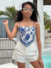 Girlism Camiseta de tirantes con estampado floral para niña preadolescente, ideal para vacaciones de verano en la playa - Azul y blanco - Ver 3