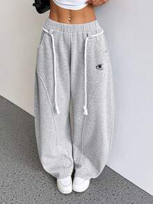 SHEIN PETITE 女士秋冬街头风返校学院风休闲保暖舒适法式灰弹力腰带弧形裤脚阔腿运动裤舒适裤灰色运动裤 - 灰色 - 查看 5