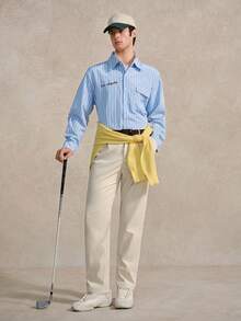 Courvante Men's Drop Shoulder Vertical Stripe Long Sleeve Shirt With Los Angeles Embroidery, Autumn Casual Streetwear For Everyday & Campus Style, Perfect Gift For Boyfriend Blue Striped Shirt Light Blue Button Up Men Striped Button-Down Men Cityboy 2000s Style, Fall Tennis Preppy, Golf, Father's Day Gift - Blue and White - View 7
