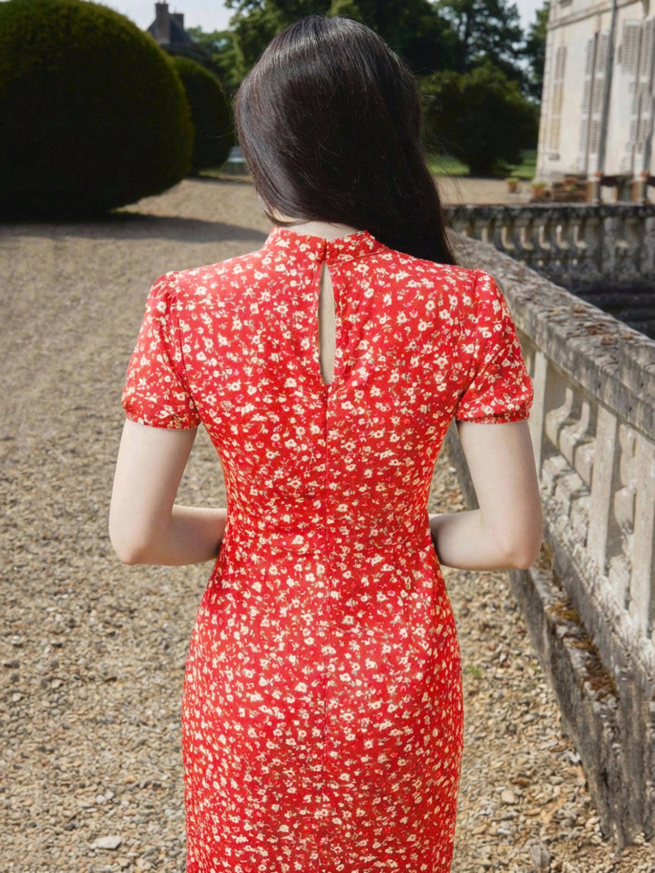 Red Floral Print Vintage Style Fitted Woven Dress With High Neck Valentines Day Dress New Year Dress Office Outfits For Women Red Floral Dress French Style Dress Winter Dress Summer Dress