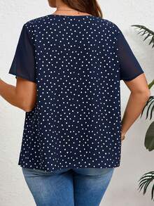 EMERY ROSE Áo sơ mi mùa hè cỡ lớn, kiểu dáng thường ngày, họa tiết chấm bi, phối nhiều mảnh. - Màu xanh hải quân - Xem 2