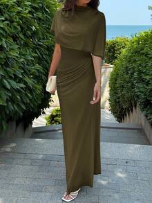 Aloruh Elegant Minimalist Commuting Fashion Elastic Waist Design Multilayer Ruffle Decor Waist Ruffle Slimming Long Dress, Suitable For Formal Occasions, Dates, Vacations - Army Green - View 8