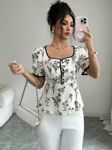 Elenzga 女士花卉印花花瓣袖荷叶边下摆衬衫，度假风 - 彩色 - 查看 1
