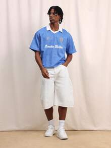 SUMWON 宽松版型蓝色 Polo 衫，搭配白色撞色领子和精致的通体图案，适合休闲场合。 - 藍色 - 查看 3