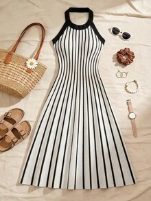 Breezaya Đầm dệt kim cổ yếm kẻ sọc thanh lịch và thời trang dành cho nữ - trắng - Xem 7