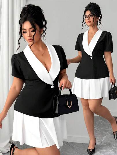 Elenzga 大码女式春夏优雅度假通勤黑白撞色褶裥拼接重叠领修身A字连衣裙