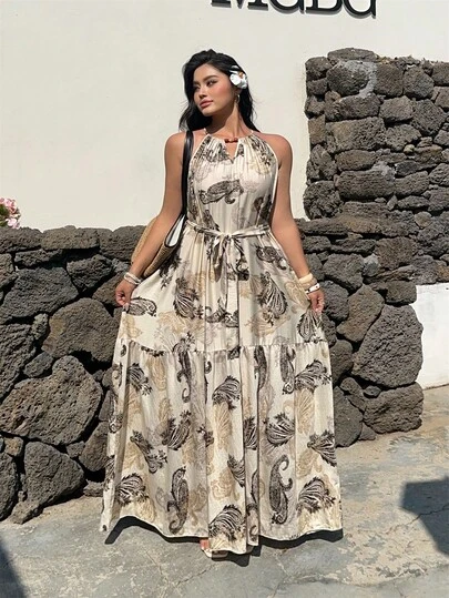 Sunnyshic 大码竹编印花圆领系腰短袖休闲度假摆裙