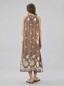 Ontre Women's Brown Floral Embroidered A-Line Dress,Summer Boho Holiday Vacation Outfits,Sleeveless Round Neck Ruched Backstrap Modern Resort Cruise Wear - Multicolor - View 3
