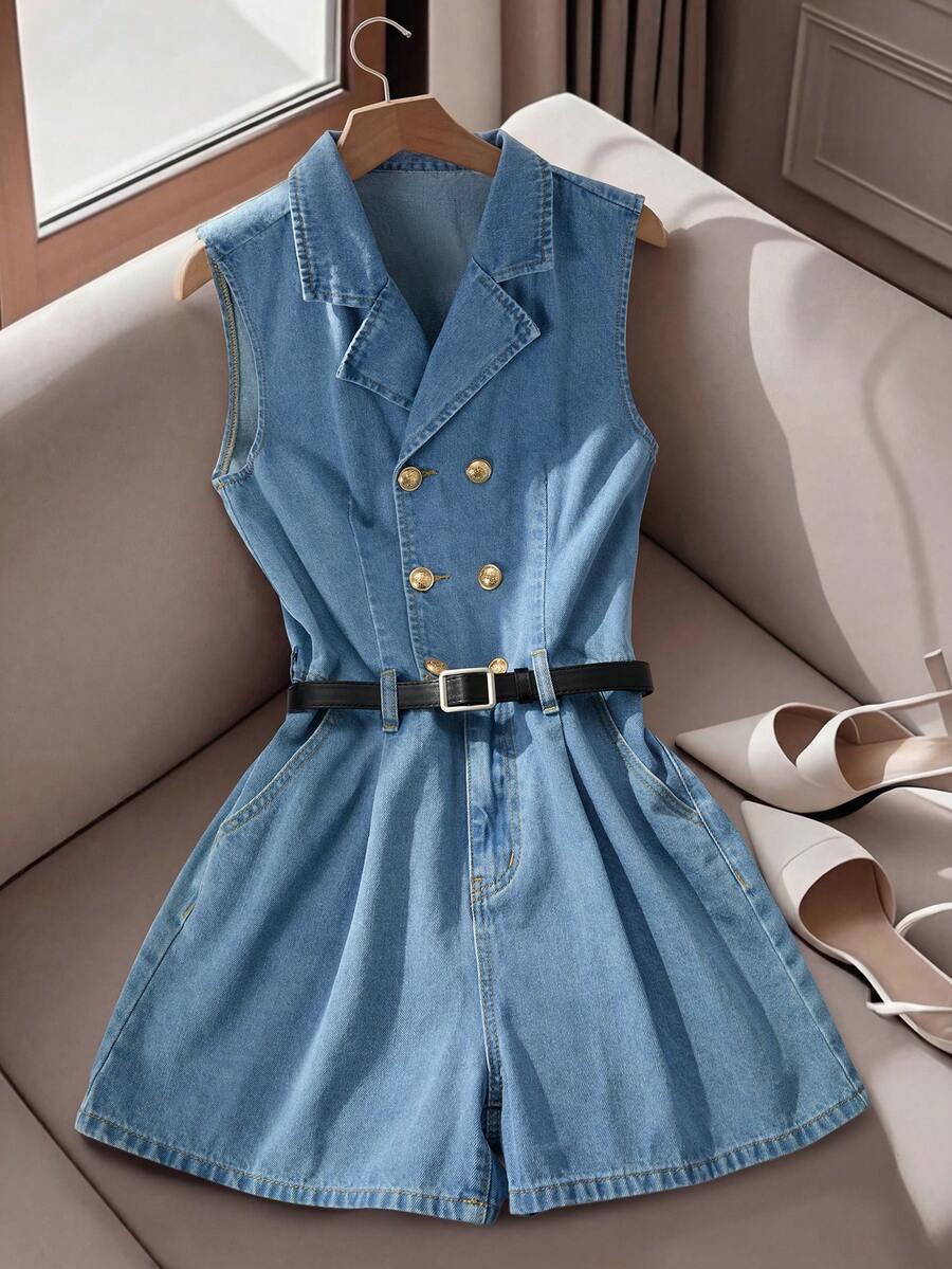 Bộ jumpsuit denim không tay dáng suông hai hàng cúc có thắt lưng dành cho nữ - Màu xanh lam - Xem 1