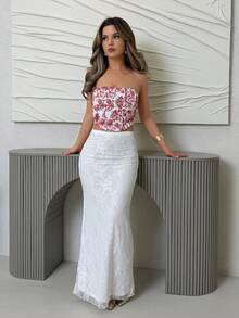 Jemour Áo Bandeau họa tiết hoa nhuộm loang màu nước đỏ trắng dành cho nữ, chất liệu vải thun co giãn, đường viền xương cá, trang trí đa năng, mùa cưới, bãi biển, lễ hội miền Tây, mùa hè, phong cách Boho - Đỏ và trắng - Xem 1