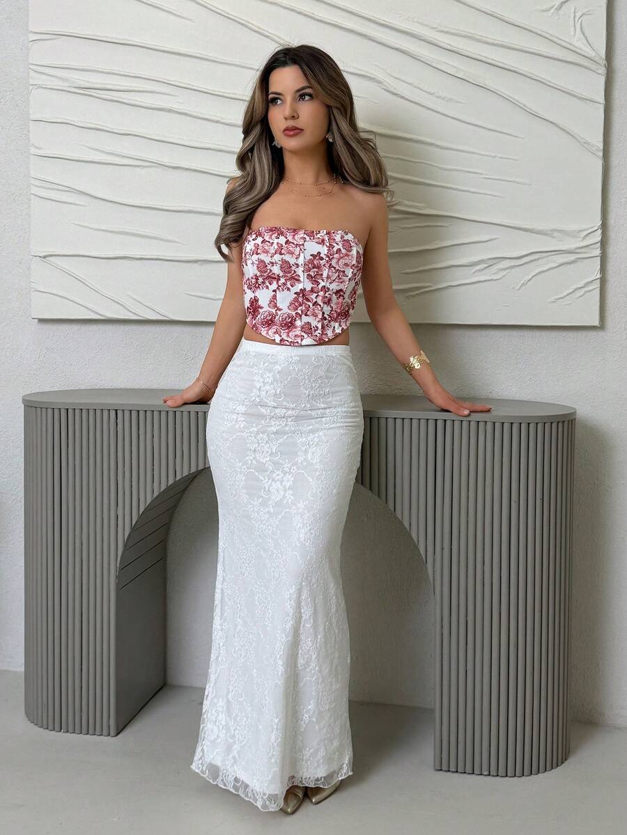Jemour Áo Bandeau họa tiết hoa nhuộm loang màu nước đỏ trắng dành cho nữ, chất liệu vải thun co giãn, đường viền xương cá, trang trí đa năng, mùa cưới, bãi biển, lễ hội miền Tây, mùa hè, phong cách Boho - Đỏ và trắng - Xem 1