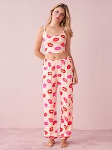 唇印吊带背心和裤子 睡衣套装 / 睡衣套装 - 杏色 - 查看 3