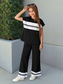 SHEIN 2件套少女针织T恤和裤子撞色套装，休闲日常时尚百搭宽松舒适 - 彩色 - 查看 3