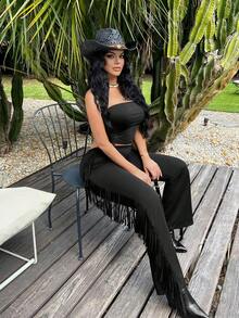 SHEIN SXY 女士黑色流苏低腰喇叭裤，流苏，适合节日、音乐节、锐舞派对、外出、性感、夜店、夏季、西部风、Y2K风格，夏季裤装，带流苏的裤子，阔腿裤，高腰裤 - 黑色 - 查看 6