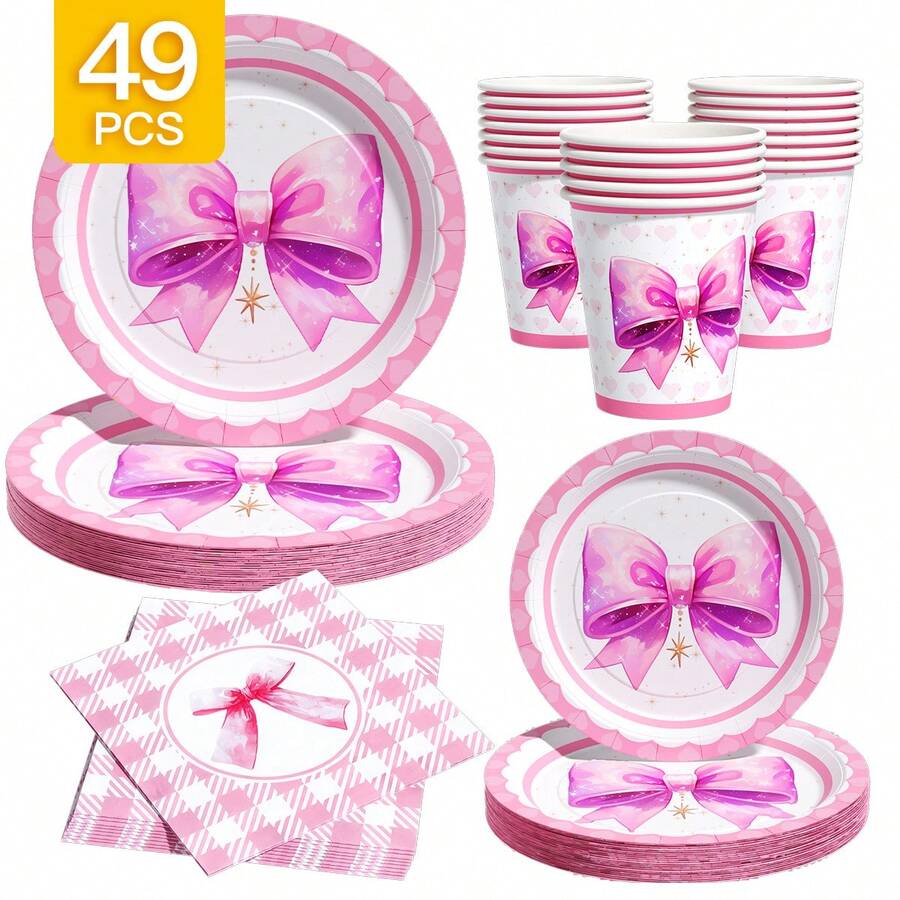 Pink Bow Disposable Plates, Napkins And Cups Set, Serves 8 Guests.This Disposable Party Set (Including Plates, Napkins And Cups) Is Perfect For Birthday Parties, Weddings And Family Picnics. - View 1