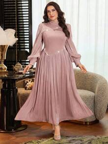 Modelyn Plus Size Women Fashionable Minimalist Elegant Waist Cinching Slim Fit Dress - Pink - View 3