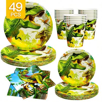 Set de farfurii, șervețele și pahare de unică folosință cu tematică de junglă a dinozaurilor, pentru 8 persoane. Acest set de articole pentru petreceri de unică folosință (inclusiv farfurii, șervețele și pahare) este perfect pentru petreceri de ziua de naștere, nunți și picnicuri în familie.