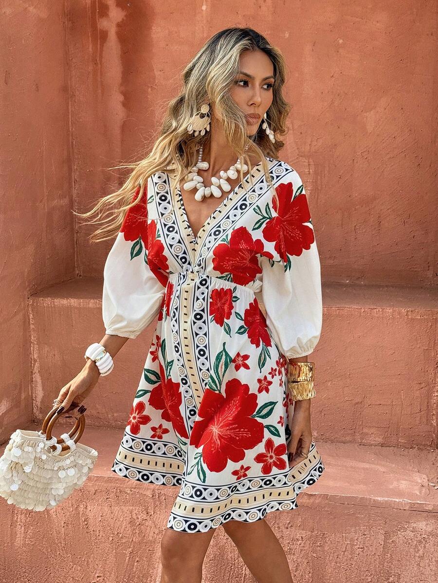 Selianne Women's White Floral Summer Boho Holiday Vacation Holiday Elegant V-Neck Mid-Sleeve Cinched Waist A-Line Hem Retro Floral Dress - Multicolor - View 1