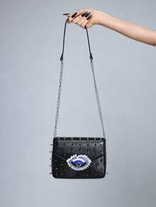 ROMWE Goth 女士PU珠饰眼睛图案铆钉复古朋克斜挎包，派对必备 - 黑色 - 查看 4