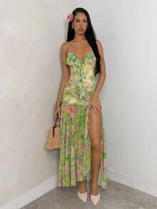 SHEIN Glamour Women's Green Floral Summer Tropical Slip Dress,Watercolor Ruched Spaghetti Strap Scoop Neck Ruffle Trim Vacation Holiday Brunch Long Dress - Multicolor - View 3