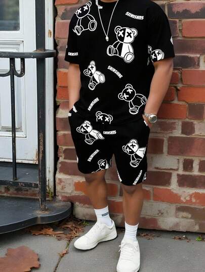 Manfinity Homme Plus Size Men's Letter & Cartoon Print Short Sleeve T-Shirt And Drawstring Waist Shorts Casual Daily Outfit