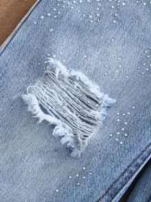 Quần jeans ống côn rách màu xanh nhạt đính đá, phong cách tối giản, thời trang thường ngày cho bé gái (size nhỏ). - Màu xanh lam - Xem 5