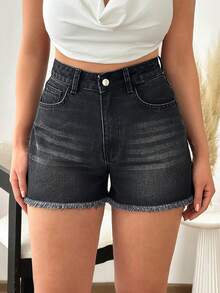 SHEIN Women High-Rise Dark Wash Frayed Hem Denim Shorts - Dark Wash - View 3
