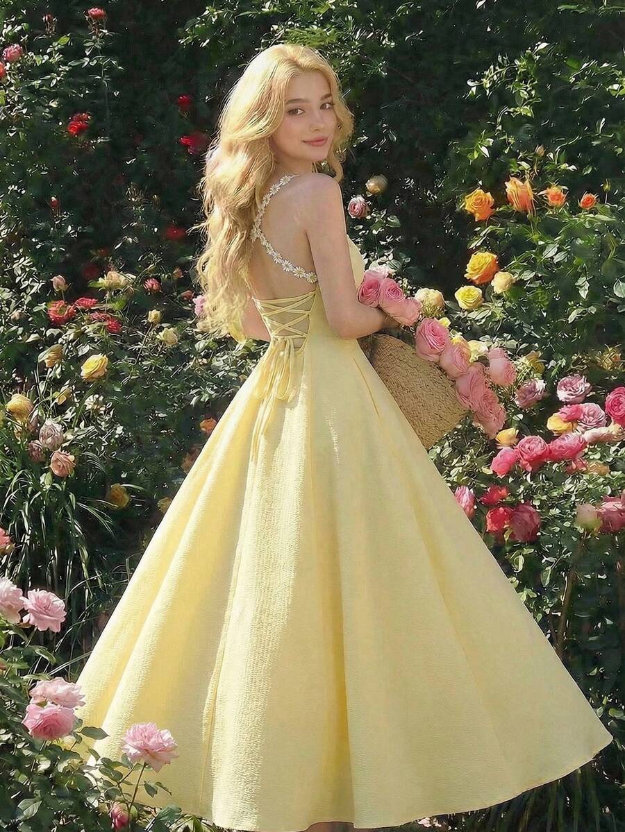 SHEIN MOD Đầm nữ mùa hè dáng suông, thắt eo, thích hợp cho kỳ nghỉ. - Màu vàng - Xem 1