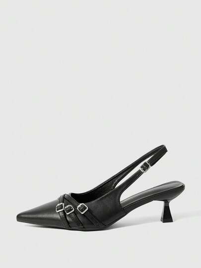 Sleekvia Women's Pointed-Toed Thin-Heeled High-Heeled Slip-On Low Vamp Slingback Party Summer Spring Shoes Women's High-Heeled Shoes Buckle Black PU