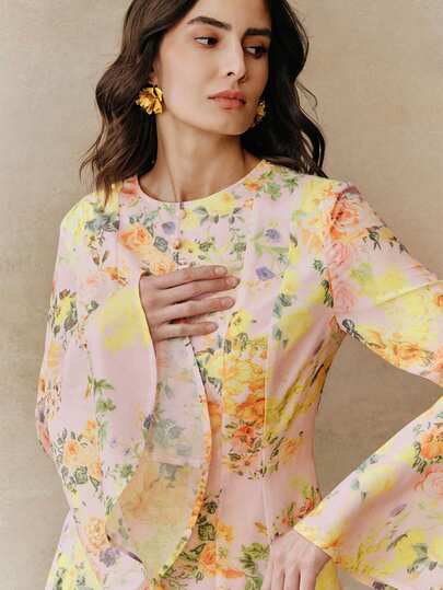 Women's New Spring/Summer Ditsy Floral Yellow Long Sleeve A-Line Flare Sleeve Maxi Elegant Vacation Dress