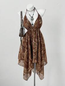 Sunspun 春季、夏季、节日、波西米亚风、嬉皮风、牛仔装、复古新潮设计、西部风、度假风、雪纺印花V领镂空吊带系腰修身雪纺不对称下摆连衣裙、西部服饰、夏季女装 - 彩色 - 查看 1