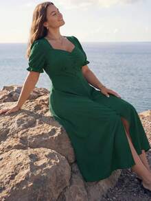 Juhart Đầm tay ngắn màu trơn cổ tim xẻ tà cao đến đùi, cỡ lớn - màu xanh lá - Xem 8