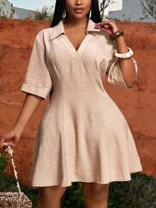 Veslaya 春夏新款加大码V领短袖收腰A字下摆短裙 - 卡其色 - 查看 9