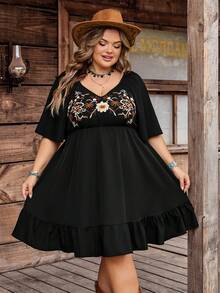 SHEIN CURVE+ Đầm nữ dáng ôm US22, kiểu Bohemian, cổ vuông, tay bồng, thêu họa tiết, thích hợp cho kỳ nghỉ biển và lễ hội âm nhạc. - màu đen - Xem 6