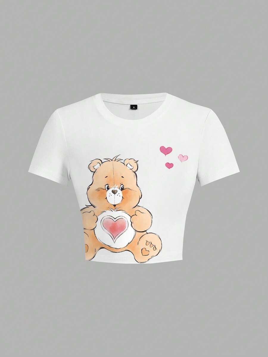 SHEIN X Care Bears Women's Round Neck Short Sleeve Casual Fitted T-Shirt, - White - View 1