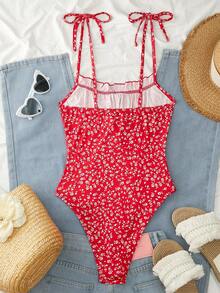 SHEIN Franclia Áo liền thân ôm sát kiểu Pháp lãng mạn mùa hè với họa tiết hoa nhí, dây buộc eo. - Đỏ - Xem 2