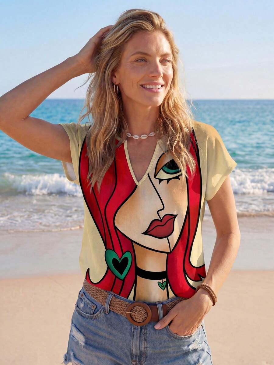 Sylviya Áo sơ mi nữ đơn giản, thoải mái với họa tiết hình người, thích hợp cho mùa hè, thích hợp đi chơi, áo kiểu thời trang cho nữ, đi nghỉ mát. - Nhiều màu - Xem 1