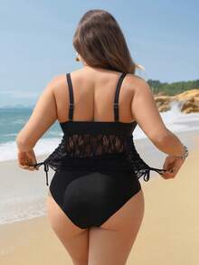SHEIN Swim Lushore 大码女士蕾丝拼接可拆卸肩带露背比基尼两件式泳衣 - 黑色 - 查看 2