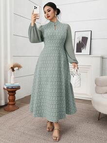 Modelyn Đầm dài tay thanh lịch họa tiết jacquard dành cho nữ cỡ lớn - màu xanh lá - Xem 7